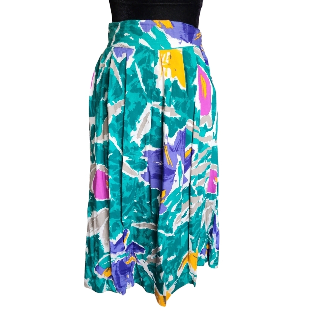 Vintage Hand-Painted Look Floral Skirt | High Waisted Pleated Midi Size 10 - Picture 6 of 9